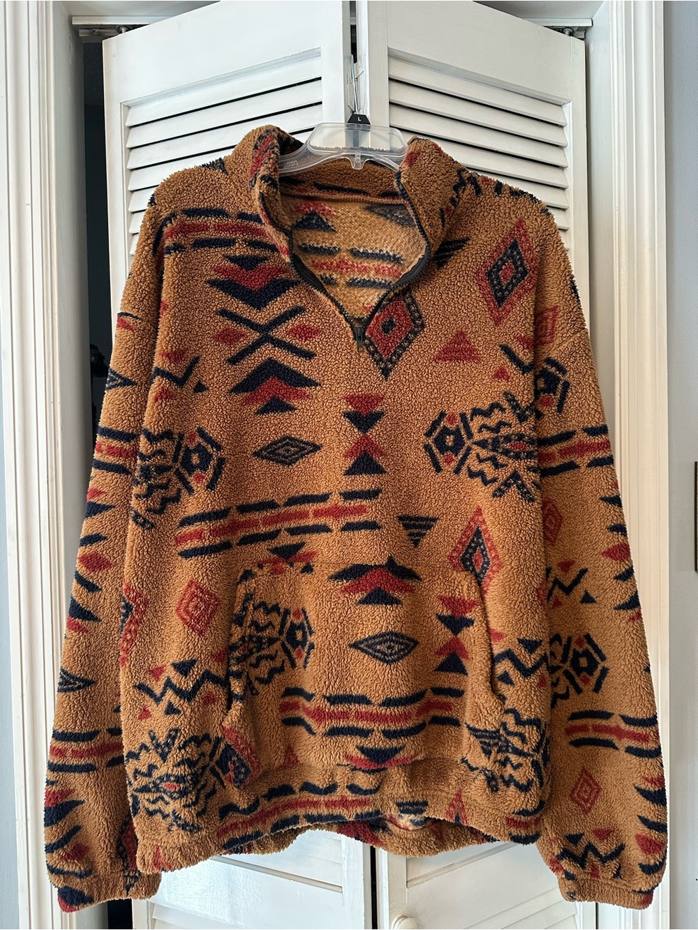 Womens Tan Aztec Sherpa Quarter-Zip Pullover Sweater